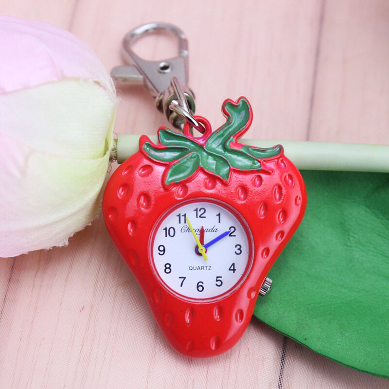 2024 girls women cartoon pocket necklace quartz watches creative key chains lovely personality red strawberry electronic watch