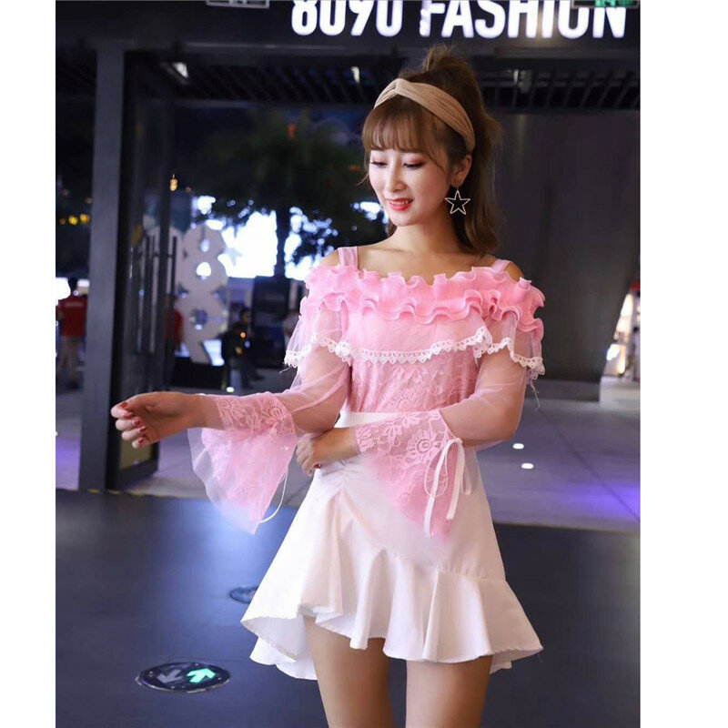 Spring Women Long Sleeve Mesh Blouse Sweet Floral Slash Neck Lace Shirt Female Bow Hollow Out Ruffles Blouses Short Tops AB1385