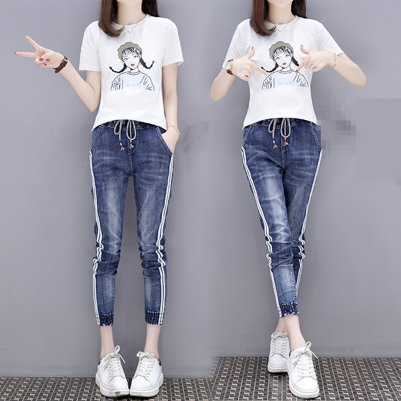 Conjunto de roupas feminino 2 peças, camiseta de manga curta + jeans com estampa de desenho animado e lantejoulas, nova moda 2019