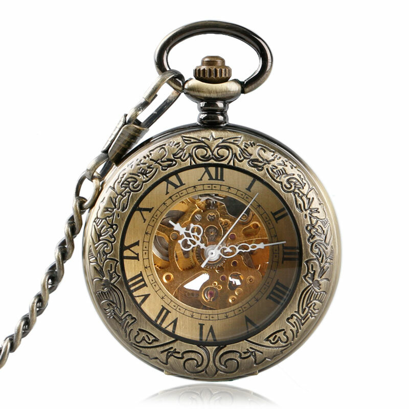 Reloj de bolsillo mecánico automático para hombre y mujer, accesorio de lujo con números romanos y bronce, tallado Retro, transparente, con cubierta de cristal, cadena de regalo, 2017