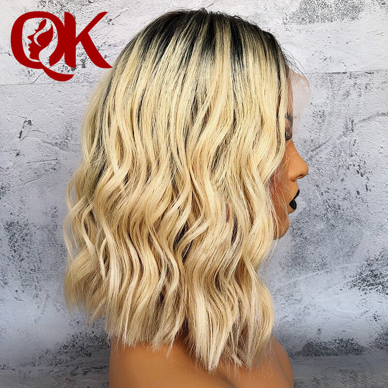 QueenKing hair Lace Front Wig 180% Blonde Ombre Hair 1B/613 Bob Wig Silky Straight Preplucked Brazilian Human Remy Hair
