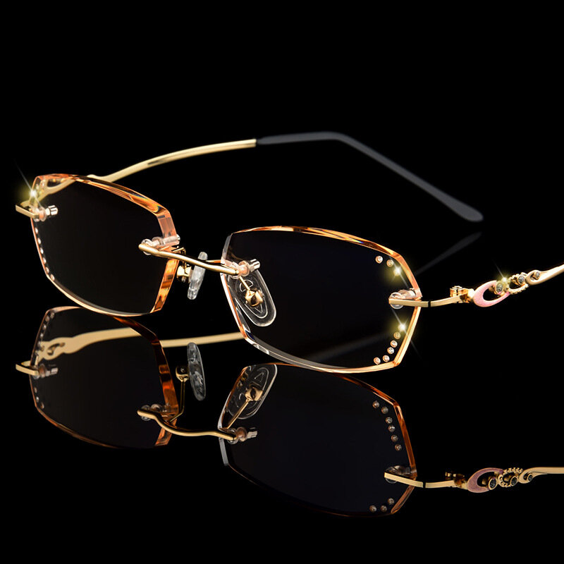 Leesbril royal deluxe luxo strass gradiente óculos de leitura feminino corte diamante sem aro leitores de ouro presbiopia olho