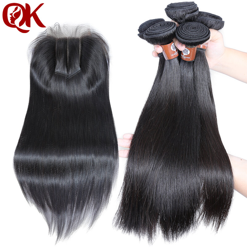 QueenKing Hair 3 Bundles Weft hair With lace closure 5X5 3 way part Silky Straight Brazilian Remy Human hair weave Thick hair