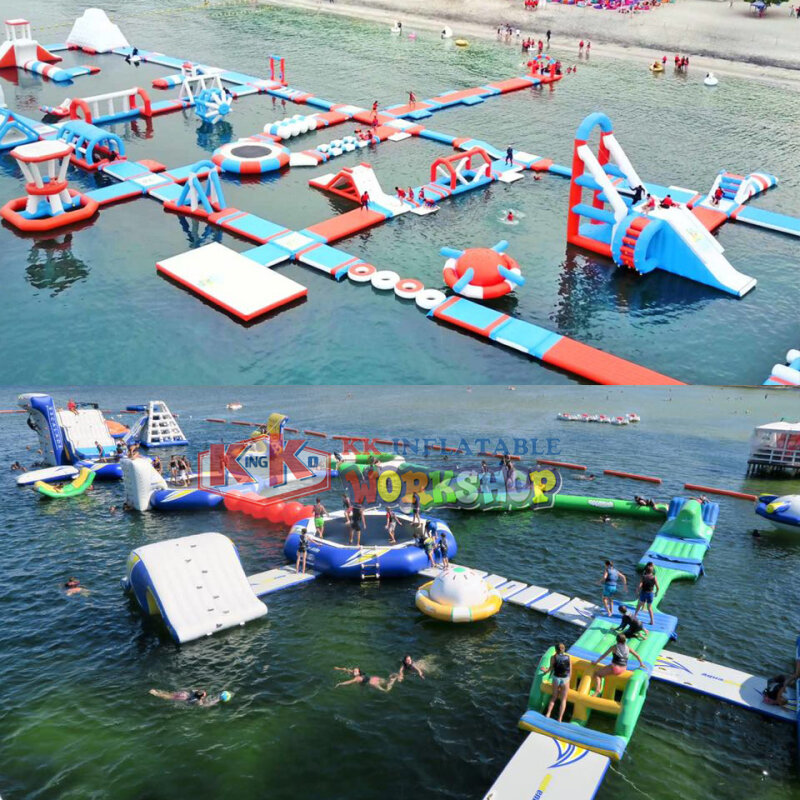 Parque aquático inflável de pvc de material prato 80*45m 0.9mm gigante flutuante em mar/lago