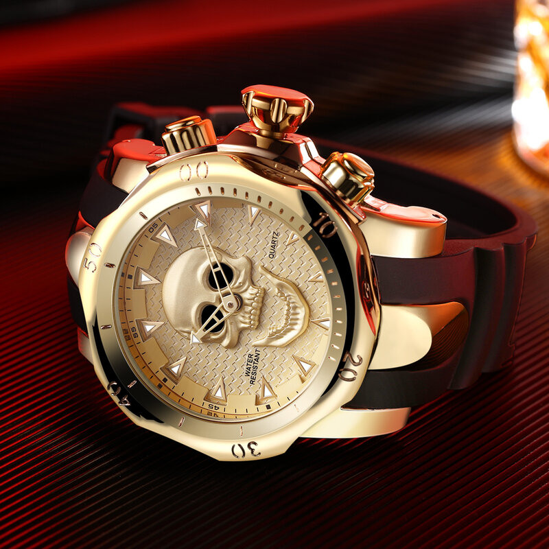 Relogio Masculino męska czaszka z ażurową dekoracją kwarcowy zegarek mężczyźni szkielet wojskowy zegarki duży projekt męski zegar zegarki wodoodporne
