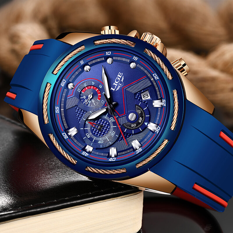 Lige-novo relógio masculino luxo azul de silicone, à prova d'água, esportivo, cronógrafo, quartzo, pulseira