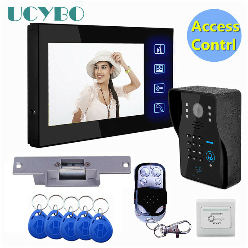 7 "Lcd Video Pintu Telepon Sistem Interkom Pintu RFID Alat Kontrol Akses Pintu Kamera Luar Ruangan Kunci Pemogokan Listrik + Remote Kontrol Nirkabel