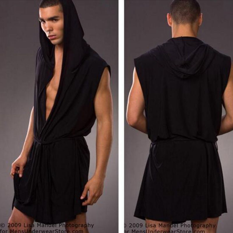 Drop ใหม่ 2019 ร้อนขายผู้ชายเสื้อคลุมสบายๆเสื้อคลุมอาบน้ำแขนกุดเหนียว Hooded robe ชุดนอน