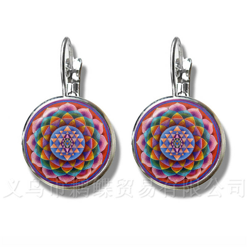 The Buddhism OM Symbol India Mandala Flower Earrings Zen Picture 16mm Glass Cabochon Silver Plated Stud Earrings For Women Gift