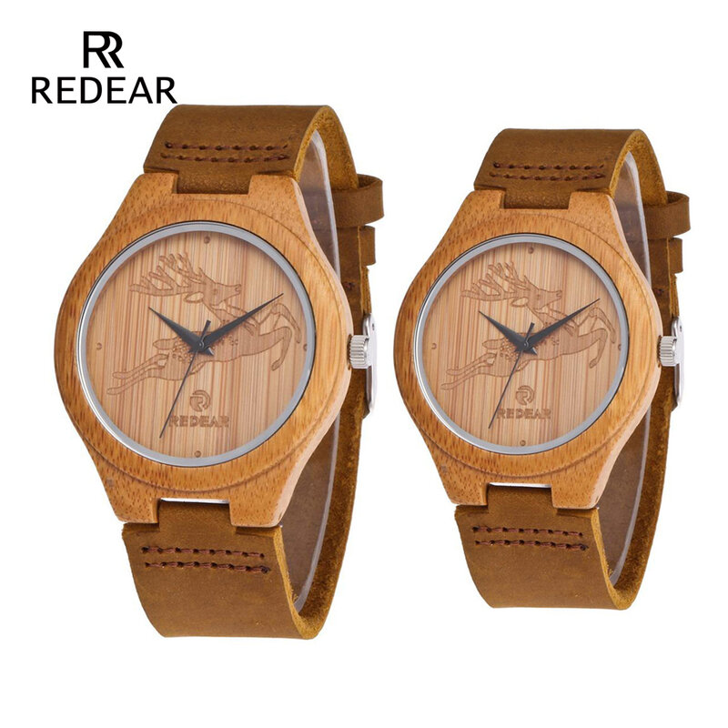REDEAR-Reloj de pulsera de cuero y madera para hombre, pulsera de bambú con diseño de ciervo y alce, de lujo, para regalo de Festival, OEM