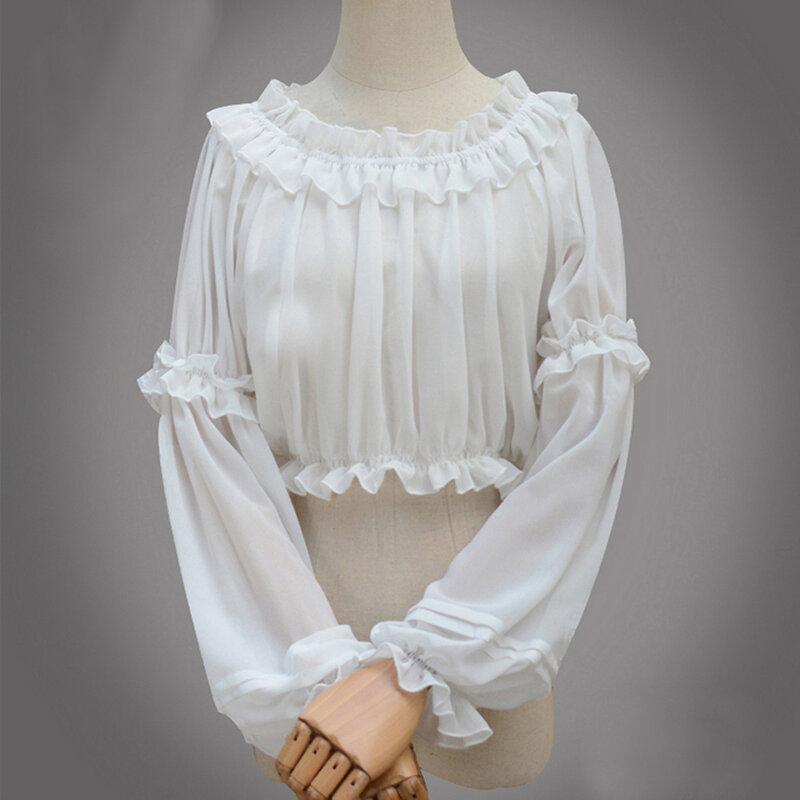 Camisa lolita de chiffon curta feminina, camisa gótica vitoriana e gótica para meninas, camisa casual e preta para primavera e verão