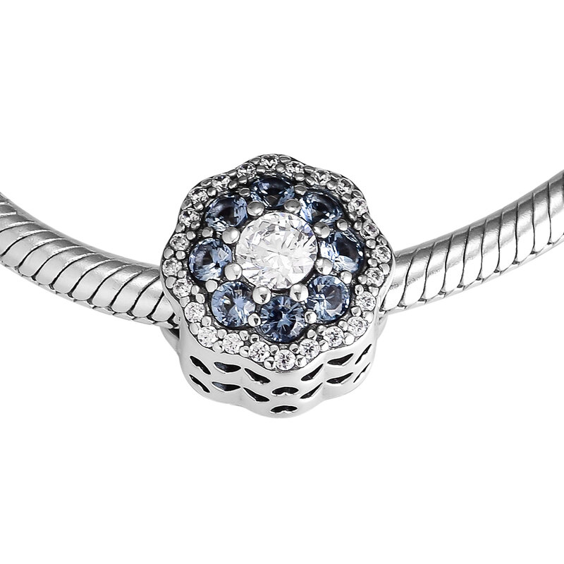 Joyería de plata esterlina 925 para mujer, abalorio de flores azules brillantes, apto para pulsera, fabricación de joyas, collar