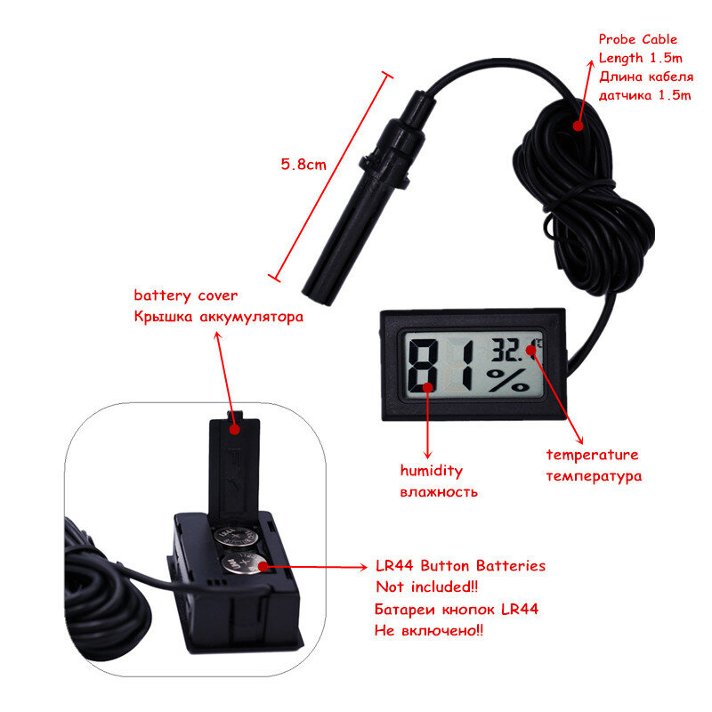 LCD Digital Termômetro e Higrômetro Tester, Medidor Sensor de Temperatura, Detector de Umidade Gauge,-50 ~ 70C, 10% ~ 99% RH, -40%