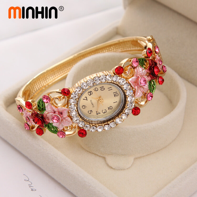 Minhin marca de luxo pulseira relógio senhoras cristal flor pulseira feminino lindo presente vestido quartzo relógio banhado a ouro relógio pulso