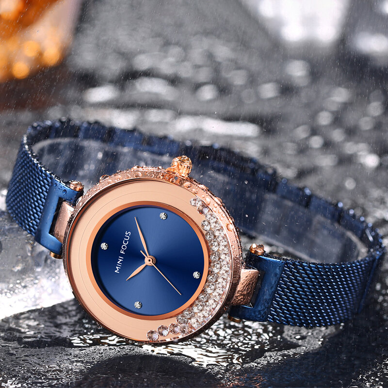 MINI FOCUS Quartz femmes montres de luxe en acier inoxydable dame bleu robe montre marque filles mode analogique étanche montres