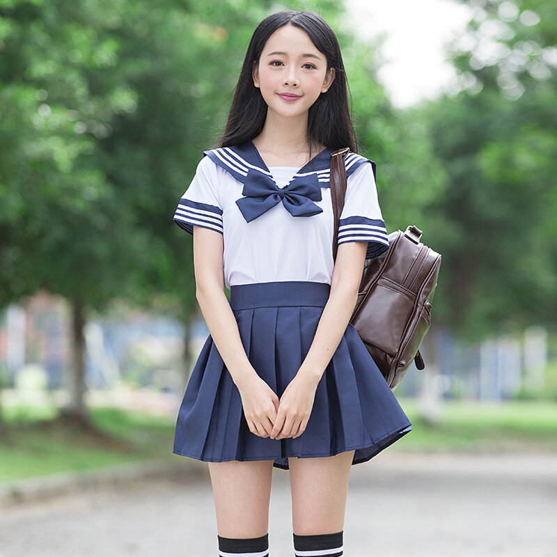 Fantasia de marinheiro, uniforme escolar jk, para meninas, camisa branca e saia azul escura