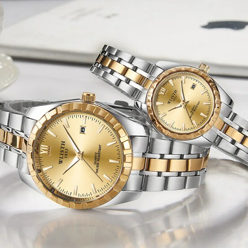 Hohe Qualität Mode Männer Uhren Liebhaber Gold Edelstahl Armbanduhr Kalender Datum Uhr WLISTH Marke Luxus Frauen Wasserdicht