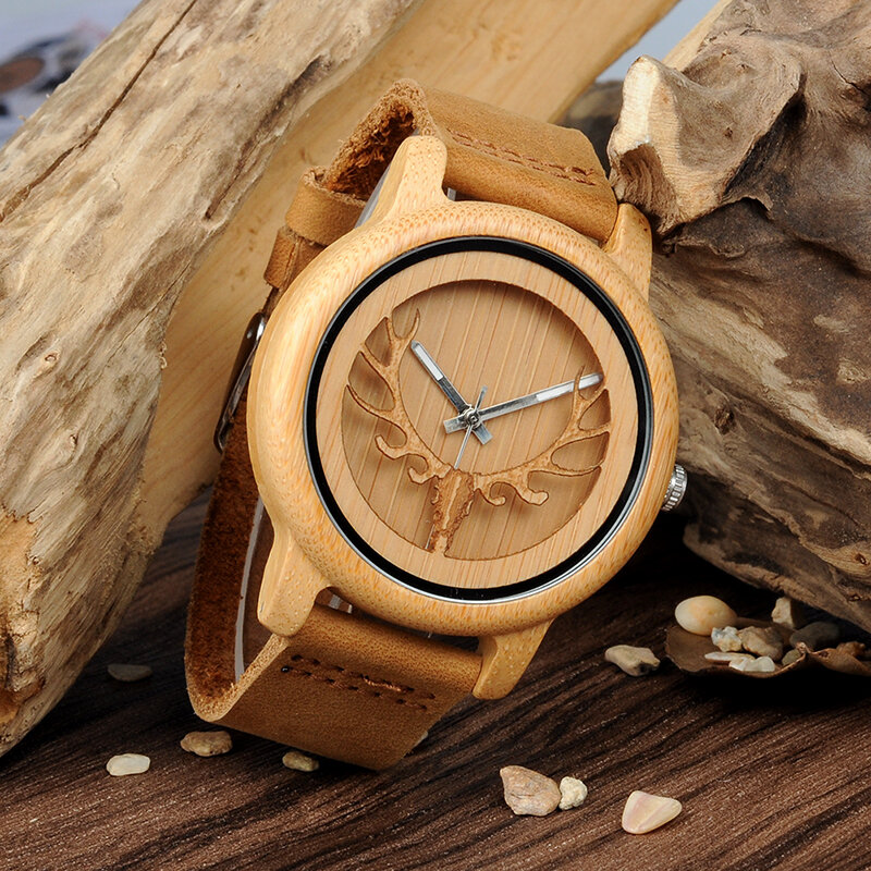 BOBO BIRD Bamboo Watch Men Wood Quartz Wristwatches With Deer Buck Head Design Real Leather Band Customize Relogio Drop Shipping
