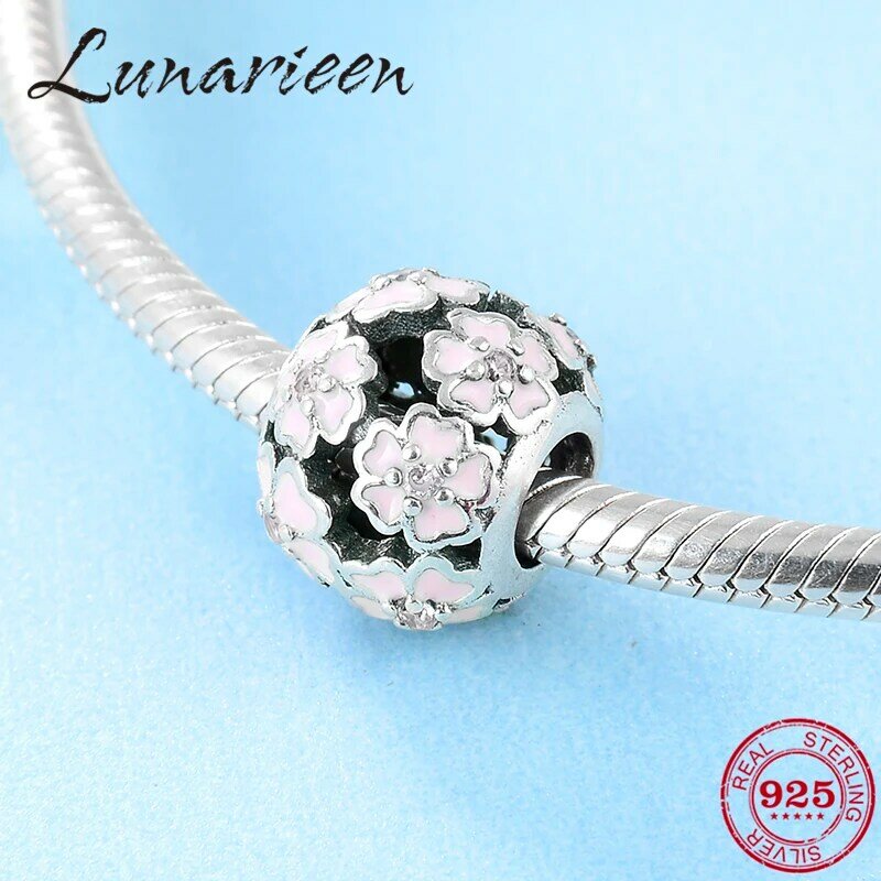 925 srebro moda srebrne różowe kwiaty okrągłe emalia koraliki do biżuterii Fit oryginalna bransoletka typu charm pandora tworzenia biżuterii