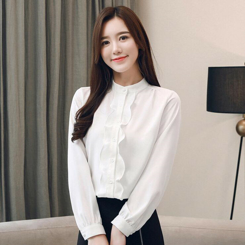 Primavera nueva camisa de gasa mujer coreana Color puro Stand Collar blusa Oficina señoras Ruffled temperamento de manga larga Tops H9143