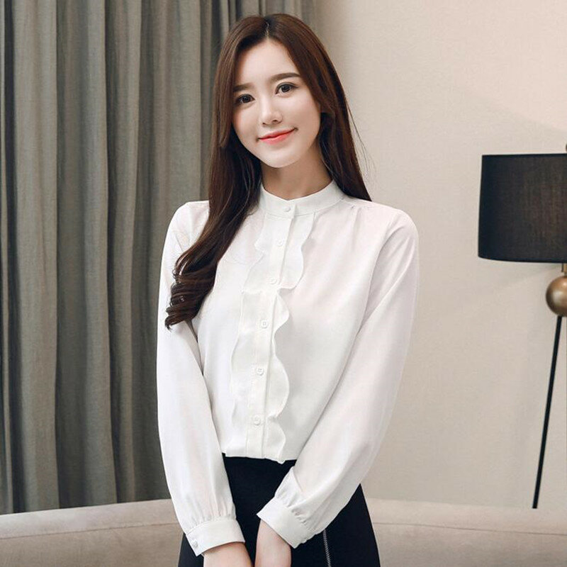 Frühjahr Neue Chiffon-Shirt Weibliche Koreanische Reine Farbe Stehkragen Bluse Büro Damen Rüschen Temperament Langen ärmeln Tops H9143