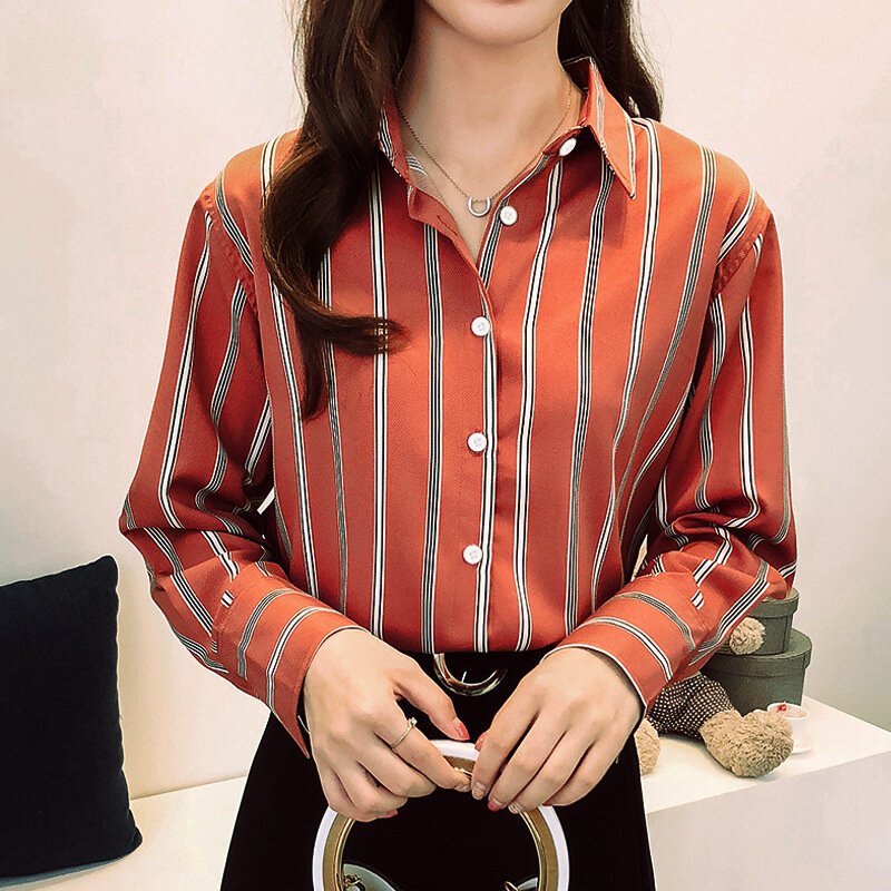 Wiosna jesień koszula damska nosić nowa europejska amerykańska Loose rozrywka bluzki w paski damskie proste moda z długim rękawem Top H9055
