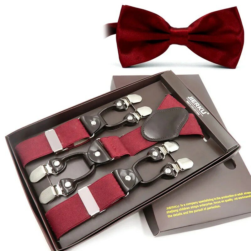 Man's Suspenders Set New Braces with Bow Tie Vintage Casual 6 Clips Suspensorio Trousers Strap Father/Husband's Gift