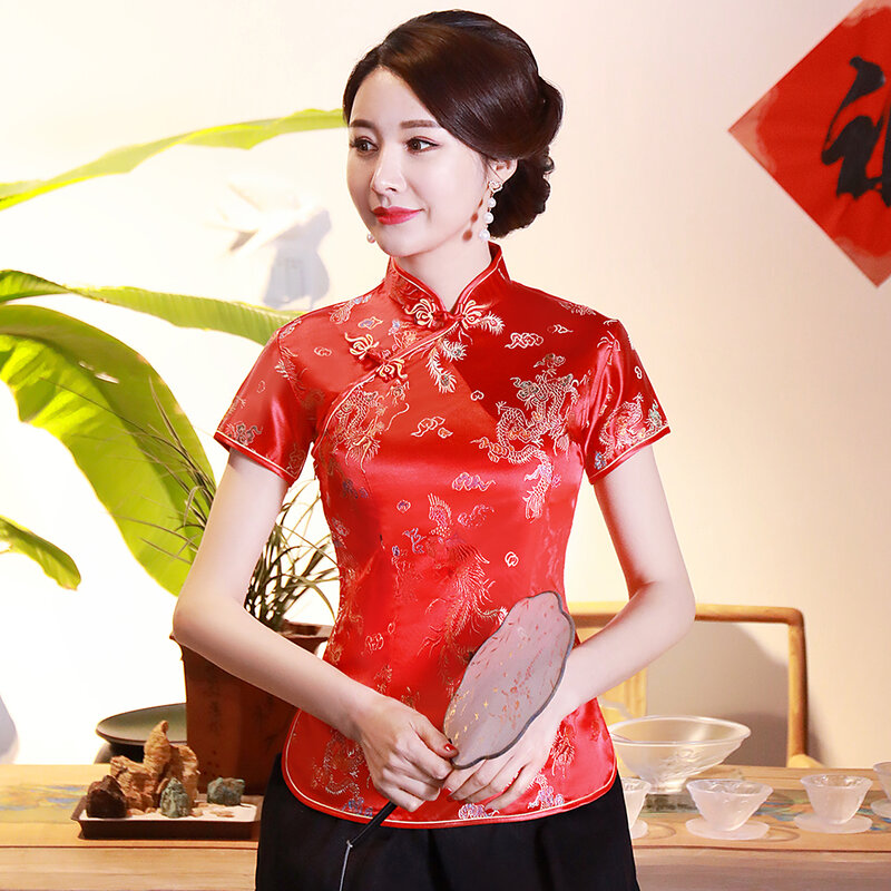 Blusa nacional china de Dragon Phoenix para mujer, camisa informal de manga corta, Tops, ropa de cuello mao tradicional