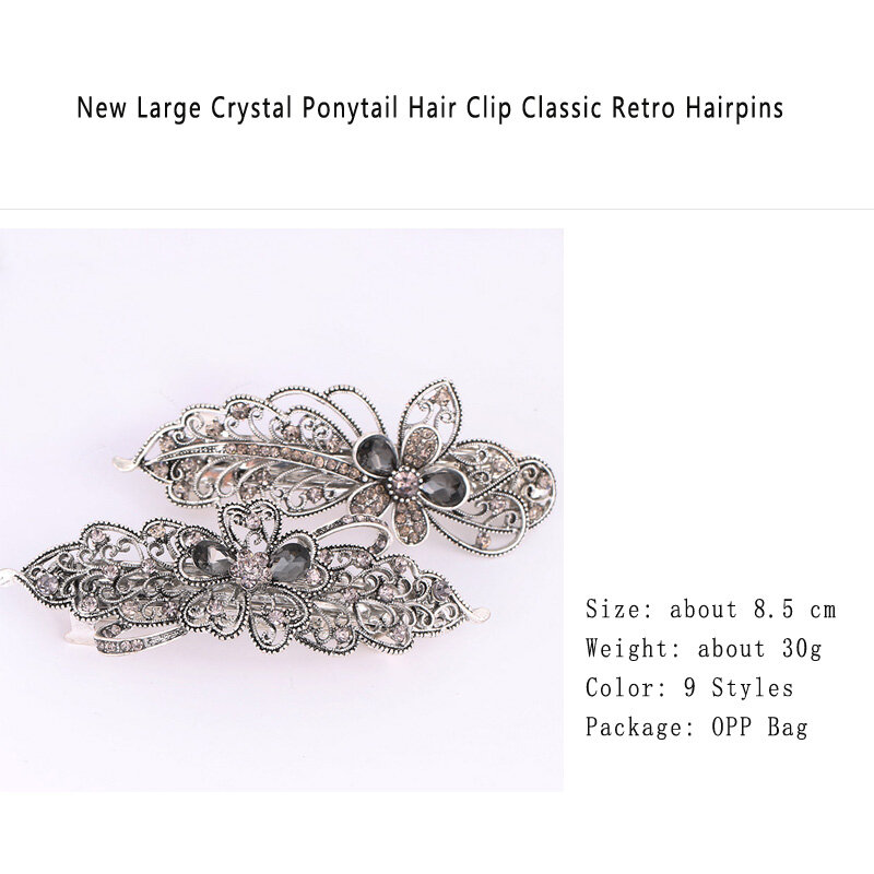 1PC Fashion New Large Alloy Crystal Ponytail Hair Clips Classic Retro Pop Spring Woman Hairpins Horizontal Clip Hair Accessories