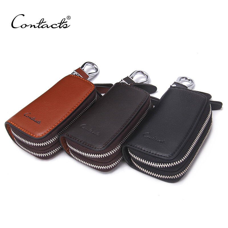 CONTACT'S Classic New Double Zip Men's Genuine Cow Leather Car Key Holder Multifunction Housekeeper  High Class Motor Key Case
