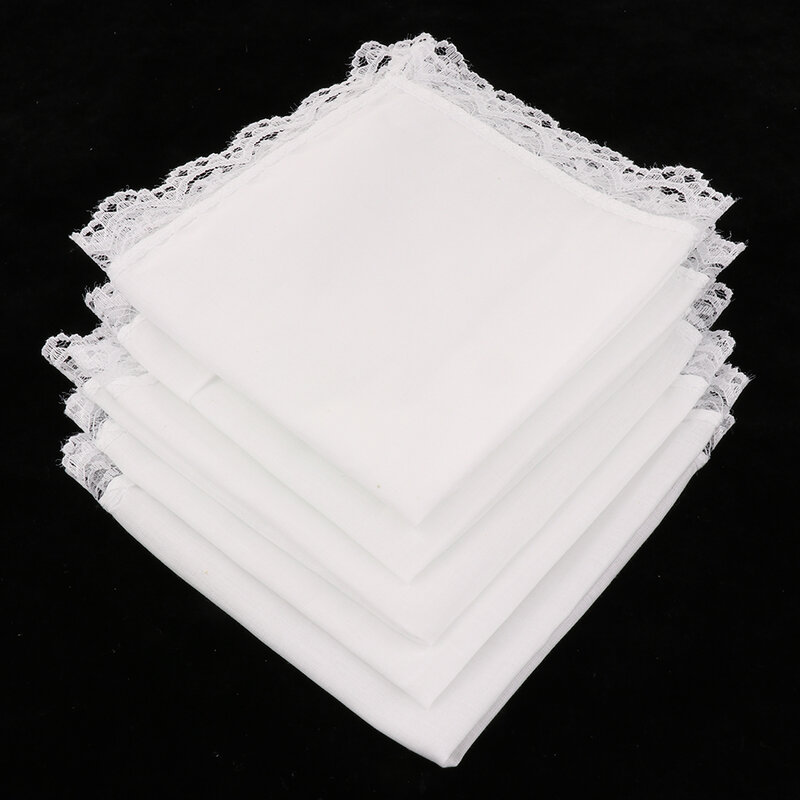 Pañuelos de algodón bordados para mujer, pañuelo blanco con borde de encaje para boda, fiesta y banquete, 5 piezas