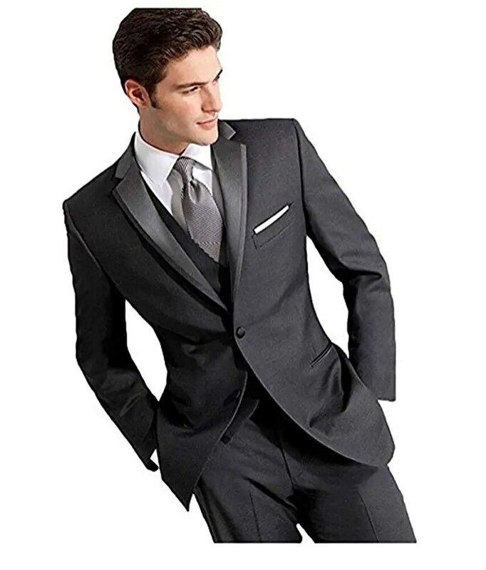 Dark Grauชุดแต่งงาน 3 ชิ้นSlim Fitผู้ชายใหม่อย่างเป็นทางการงานปาร์ตี้สองปุ่มBlazer Jacket veat & กางเกง