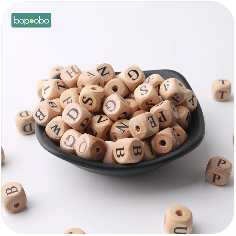 Bopoobo New Wooden Maple Square Shape Beads 12mm 20pc Chew Food Grade Teether Letter Beads DIY Crafts Sensory Chewing Toy