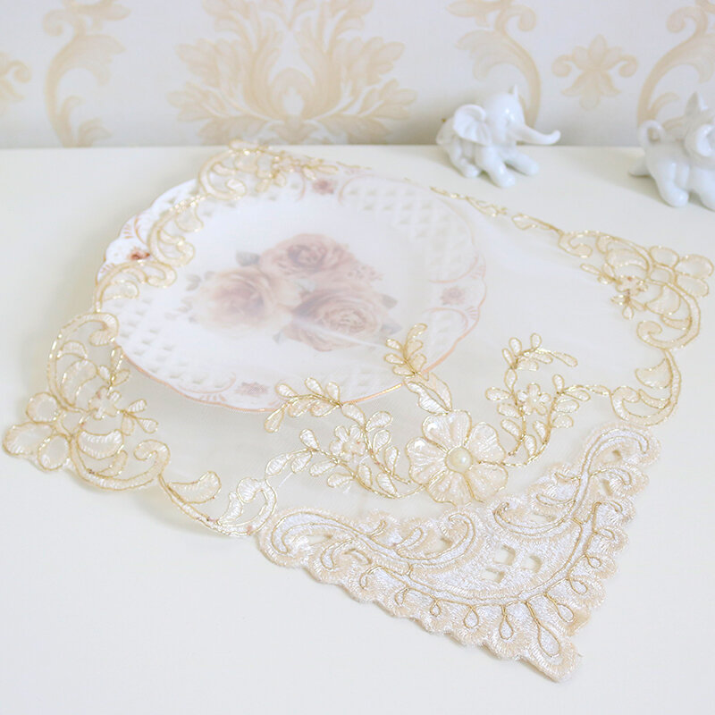 New Korean Mesh Gold Thread Embroidery Bead Hotel Placemat For Dining Coffee Cup Table Mat Coaster Christmas Wedding Decoration