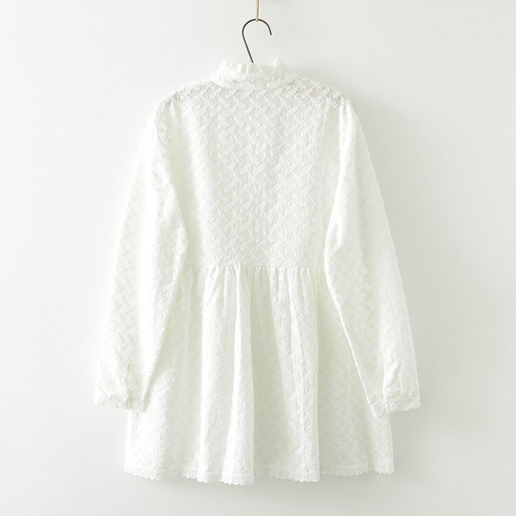 Stand-Collar Long-sleeved Flower Embroidery Lace White Shirt New Fall Mori Girl Cotton Women Long Loose Blouse Tops T77911