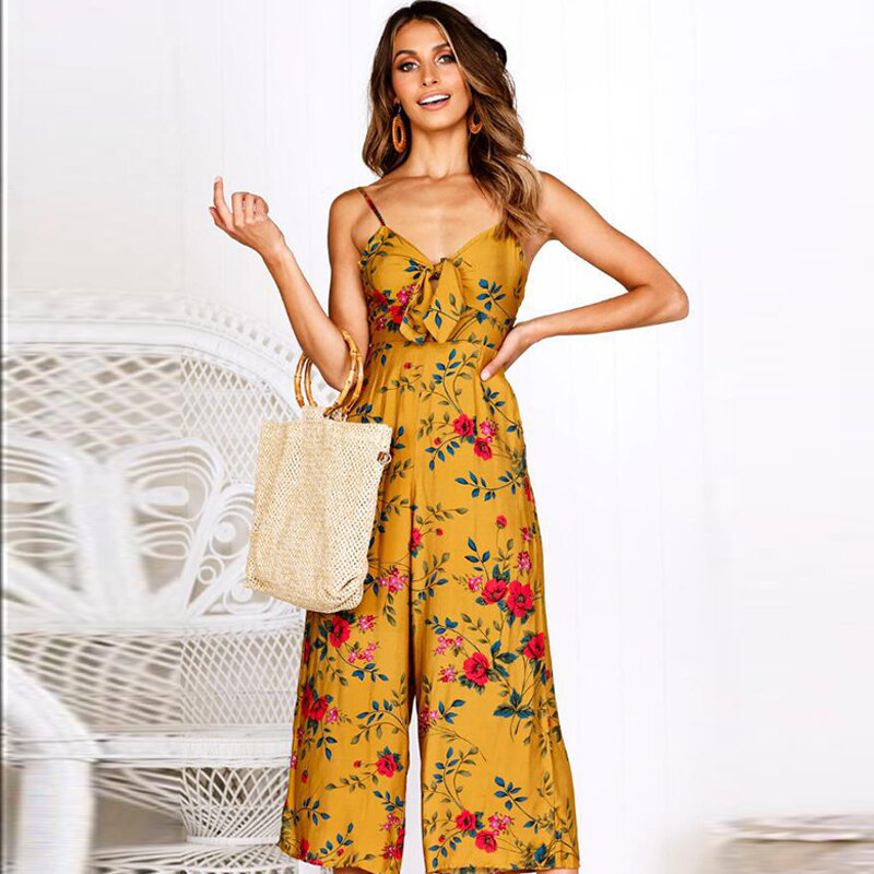 Bohemian Fashion Lose Strampler Overalls 2019 Frauen Sommer Casual Jumpsuis Sexy Chiffon Print Lace Up Overall