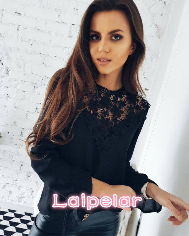 Laipelar-여름 새로운 패션 여성 쉬폰 블라우스, 캐주얼 o-넥 긴 소매 레이스 패치 워크 셔츠, 루즈한 상의