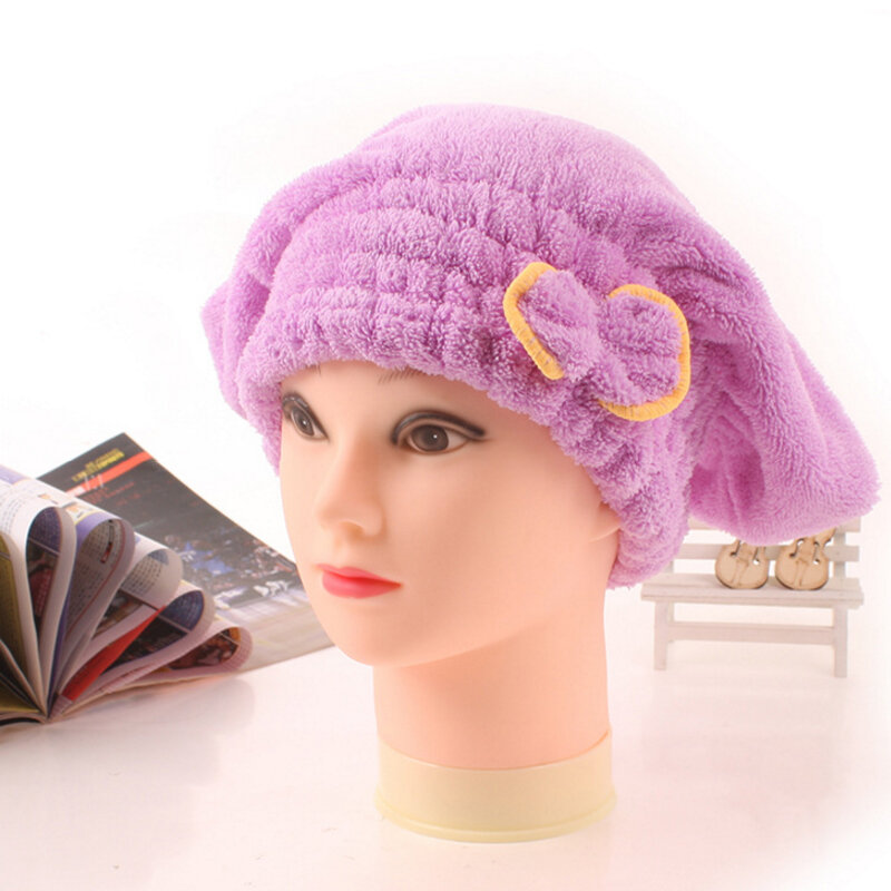 Touca de secagem de cabelo de alta qualidade, chapéu de microfibra coral, toalha de cabelo ultra absorvente, envoltório seco com laço, boné enfeitado