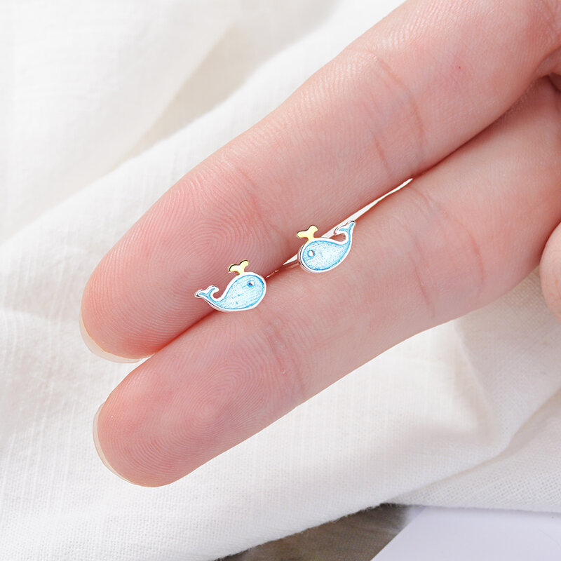 귀여운 작은 푸른 고래 귀걸이 925 스털링 실버 해양 동물 귀걸이 소녀 선물 Boucle d 'ore S-e646