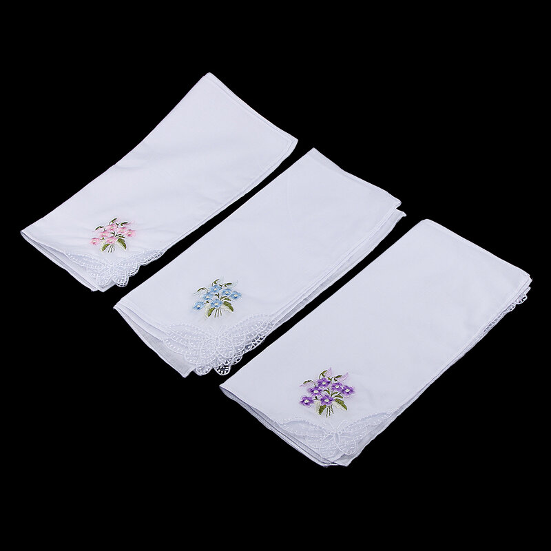 Paquete de 12 pañuelos de algodón con bordado de flores, pañuelos cuadrados de bolsillo cómodos para mujer, blanco