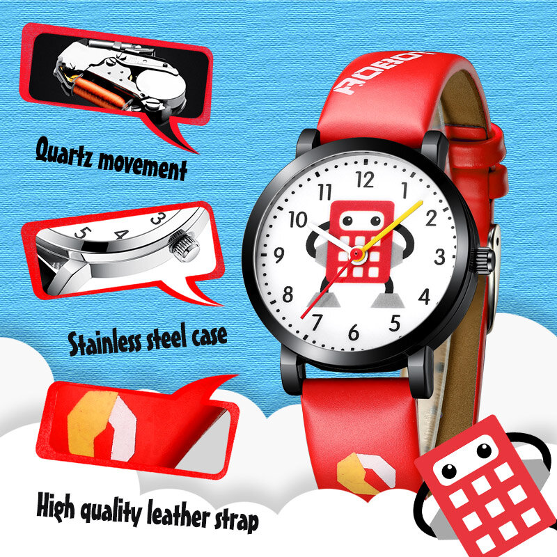 KDM Fashion Cartoon Robot Watches For Kids Children Waterproof Leather Straps Sport Wristwatch Quartz Watch Boy Girl Cute Clock