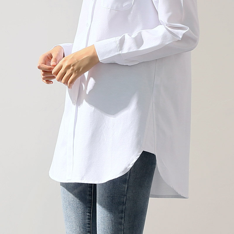 Chemisier blanc pour femmes, chemise blanche, ample, grande taille, en lin, ourlet incurvé, col rabattu, poche