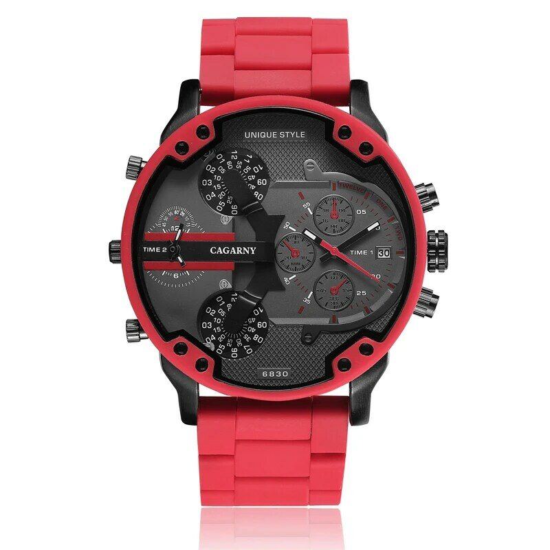Cagarny 57mm 3D Big Dial Red Watch Men Luxury Silicone Steel Band Mens Wristwatch Casual Quartz Watch Military Relogio Masculino