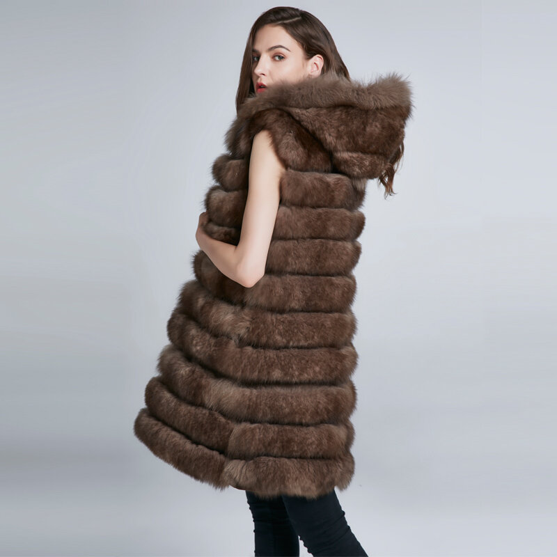 JKP-신제품 분리형 진짜 여우털 후드 롱 코트 조끼, 패션, 두껍고 따뜻한 모피 조끼