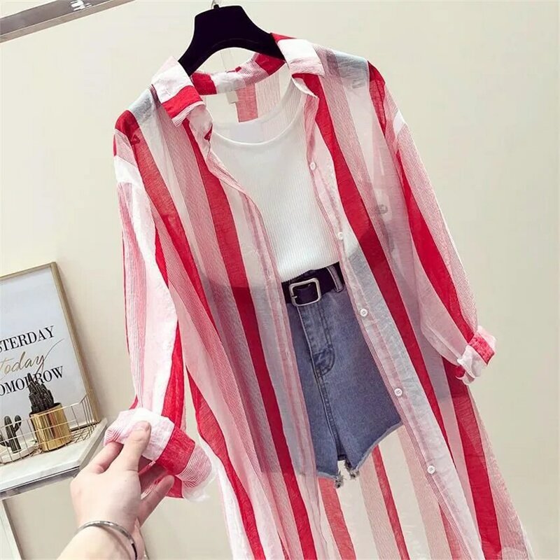 2019 Moda Verão Solto Mulheres Striped Cardigan Blusas Longas Midi Lady Fina Proteção Solar Roupas de praia Camisas de Férias WZ794