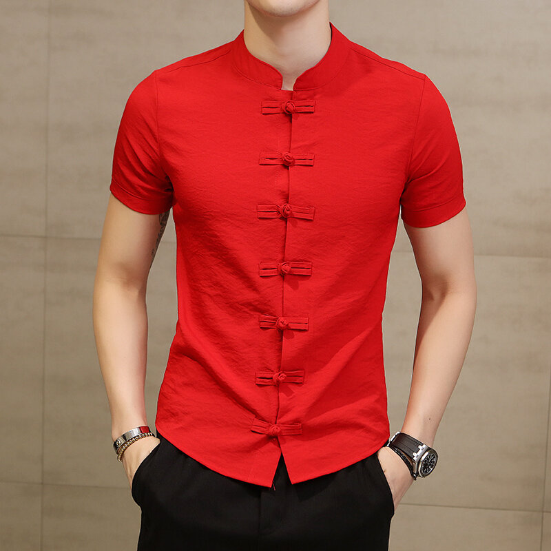 Camicie di lino taglie forti uomo Streetwear camicia da uomo con colletto alla coreana con maniche corte Slim Fit abiti tradizionali cinesi 6XL