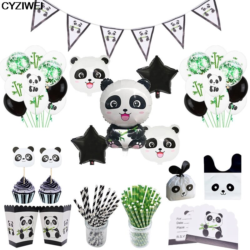 1 conjunto de balões metalizados para festa, guirlanda de animais de desenho animado de panda para corte, saco de doces, decoração de chá de bebê