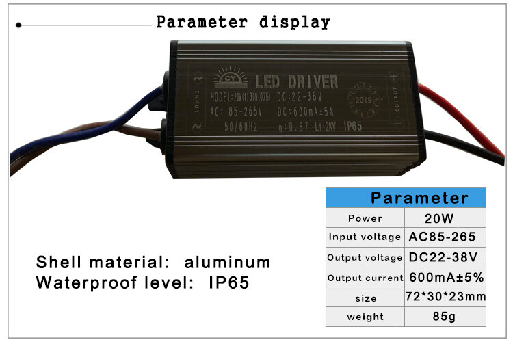 Transformateur Adaptateur Pilote LED, 10W 20W 30W 50W 70 W, alimentation IP65 AC85 V-265 V à DC22-38 V, 300mA 600mA 900mA 1500mA 2100mA