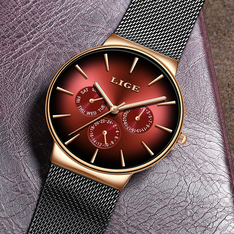 LIGE 남성용 메쉬 스틸 방수 초박형 쿼츠 시계, 스포츠 시계, 탑 브랜드 럭셔리, 새로운 패션