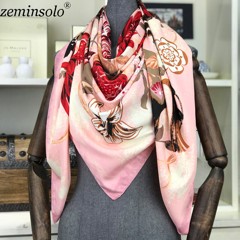 100% lenço de seda feminino grandes xales estolas floral impressão quadrada cachecóis echarpes foulards femme wrap bandanas cachecóis 130*130cm